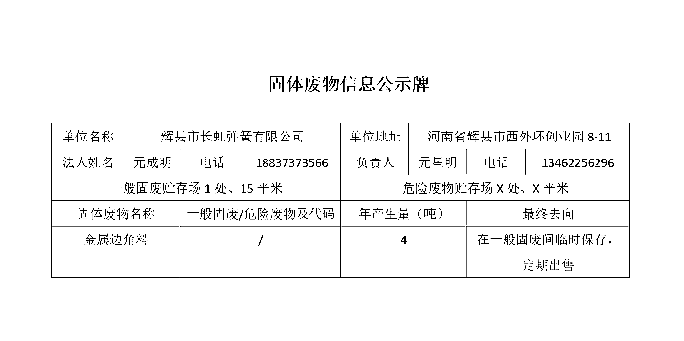 辉县市长虹弹簧有限公司关于固体废物信息公示牌